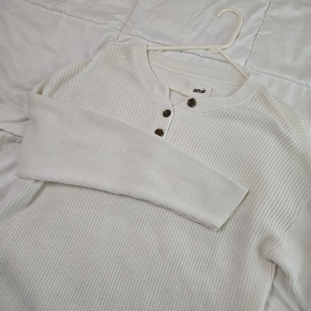 Aerie White Ribbed Henley Sweater Slouchy Long Sleeve Button Top Small